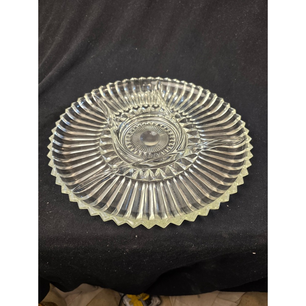 Vintage Clear Pressed Glass Divided Relish Tray 11‎ Inch Sunburst Sawtooth Edge